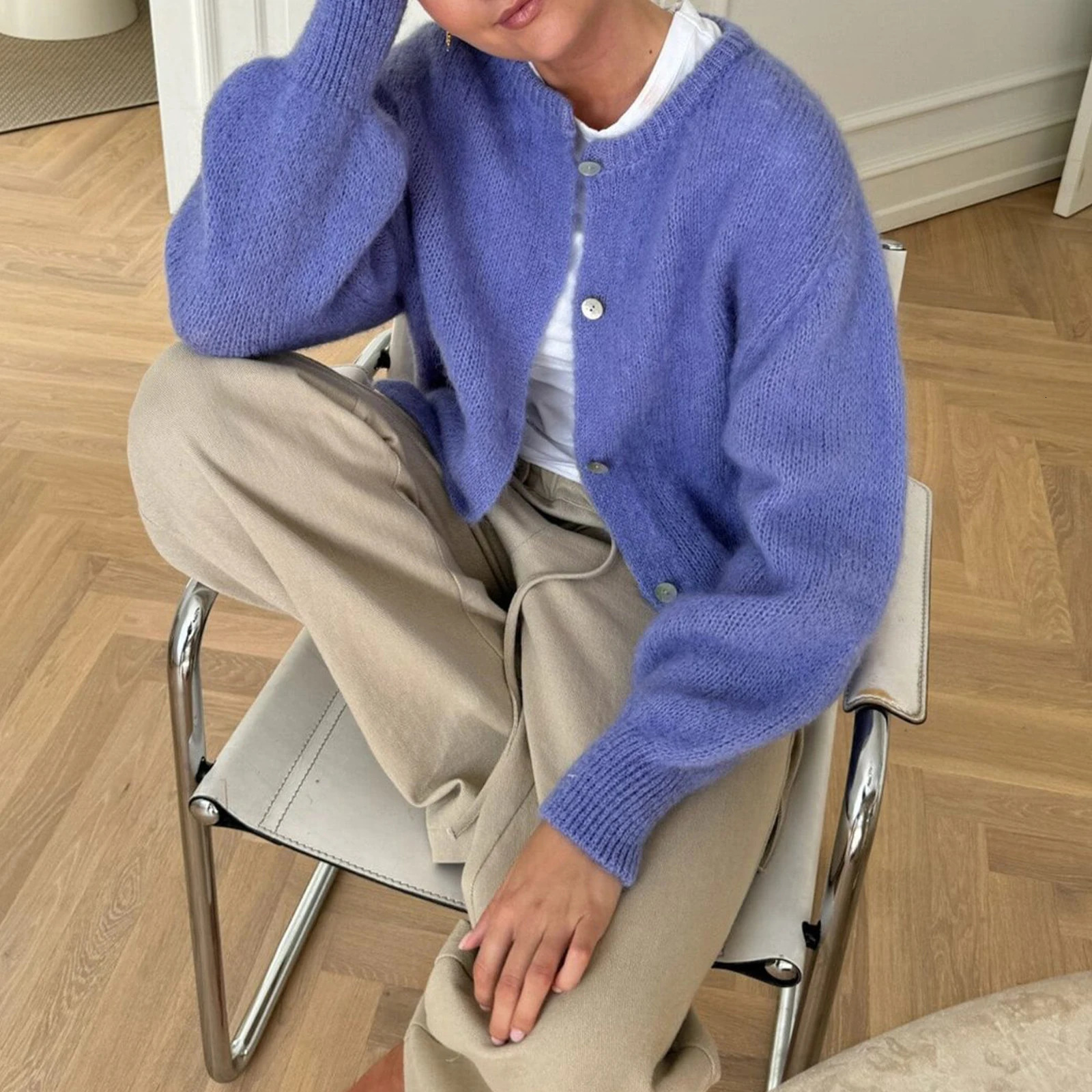 2024 Fashion Winter Womens Solid Color Cardigan Fuzzy Long Sleeve Button Down Sweater Soft Knit Tops Outerwear Loose Knitwear 250109