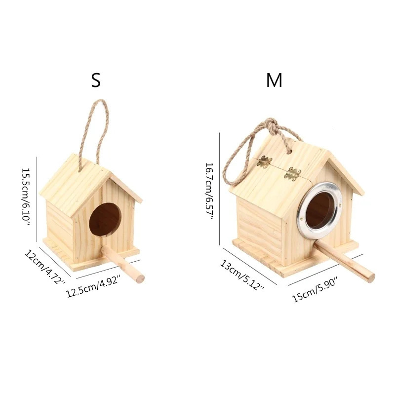 Wooden Bird House with Parakeet Perch Stands Pets Parrots Nesting House for Cage Outside Inside Hanging Nest 2 Sizes 250121