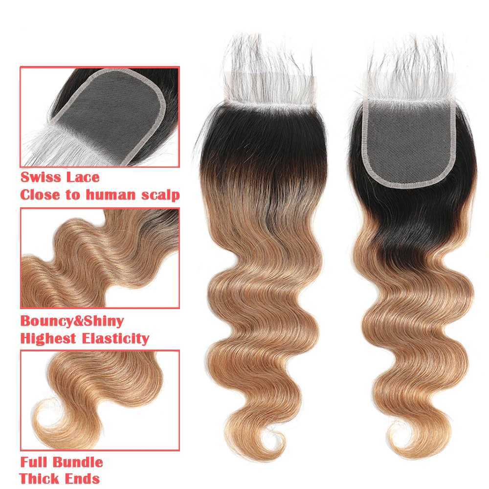 Ombre Body Wave Bundles With Frontal 1B/27 Blonde Colored Bundles With Clo Frontal Brazilian Human Hair Bundles With CloXJ250120