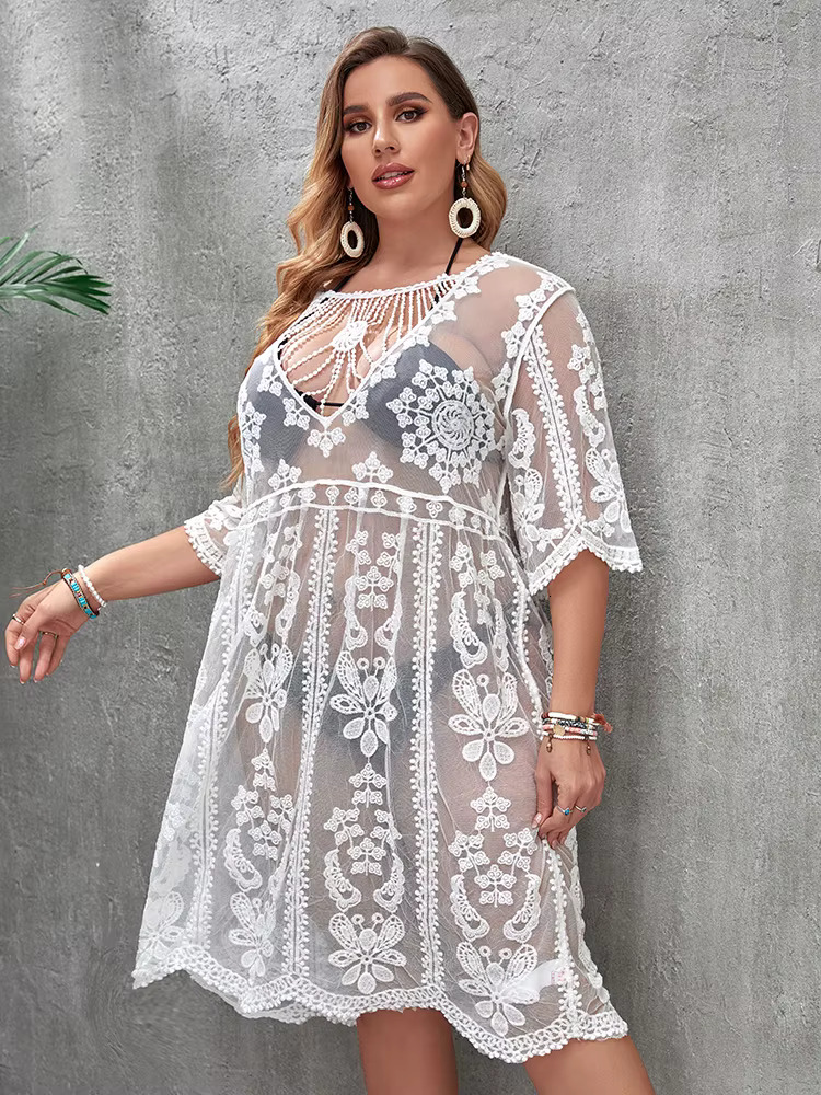 Plus Size Cover Up Tunic Dress Summer Women Beach Wear Boho Swimsuit Ups White Robe Dresses Long Pareo Beachwear
