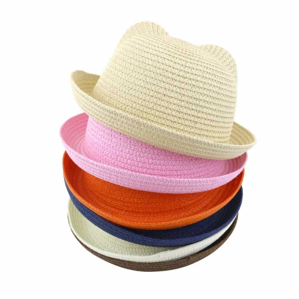 Summer Baby Ear Decoration Lovely Children Character Solid Kid Floppy Panama Straw Hats Girls and Boys Sun Hat M250121