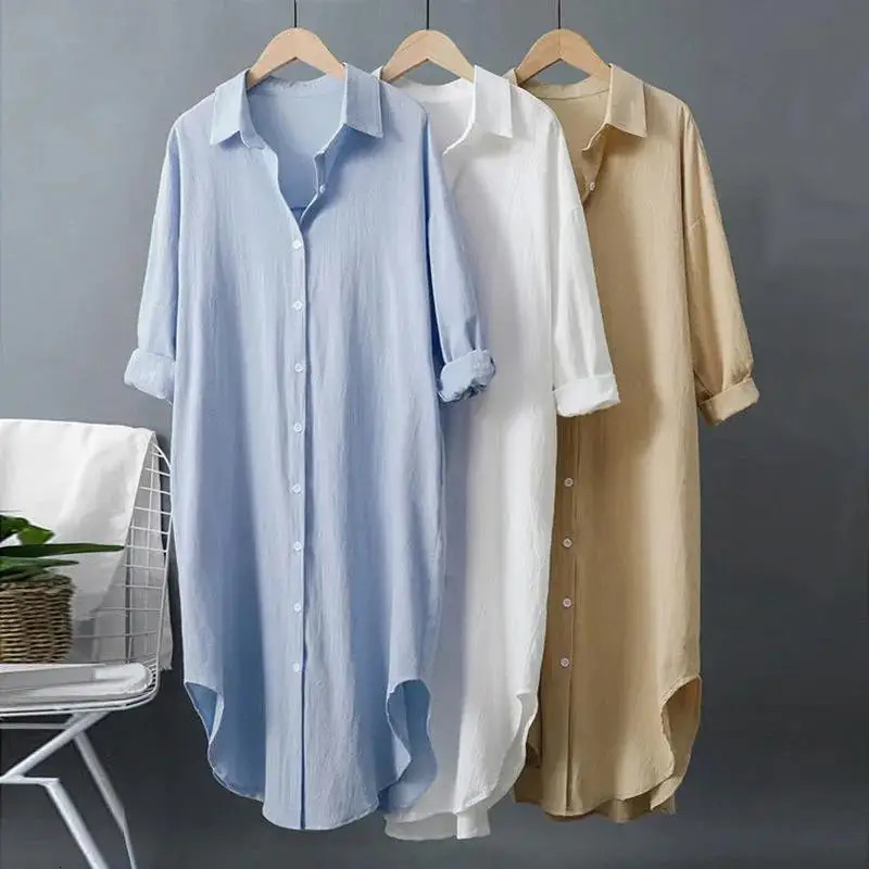 Fashion Long Sleeve Cotton Linen Midi Dress Women Fall Loose Casual Comfortable White Buttons Dresses For Women Robe Femme 250121