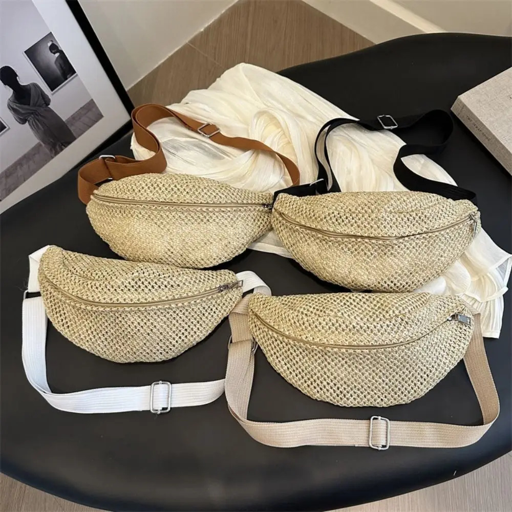 Half Moon Straw Woven Waist Bag Phone Anti-theft Handbag Large Capacity Portable Adjustable Sports Hiking Packs 250122