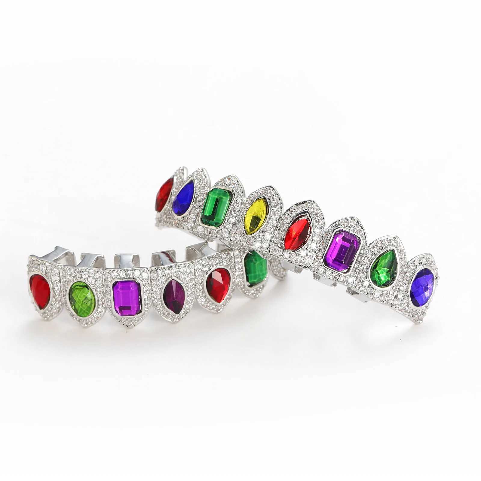 Full CZ Multi-color Stones Teeth Grillz Caps Cubic Zircon Iced Out Micro Pave Top Bottom Charm Grills Set For Men Women JewelryXJ250114