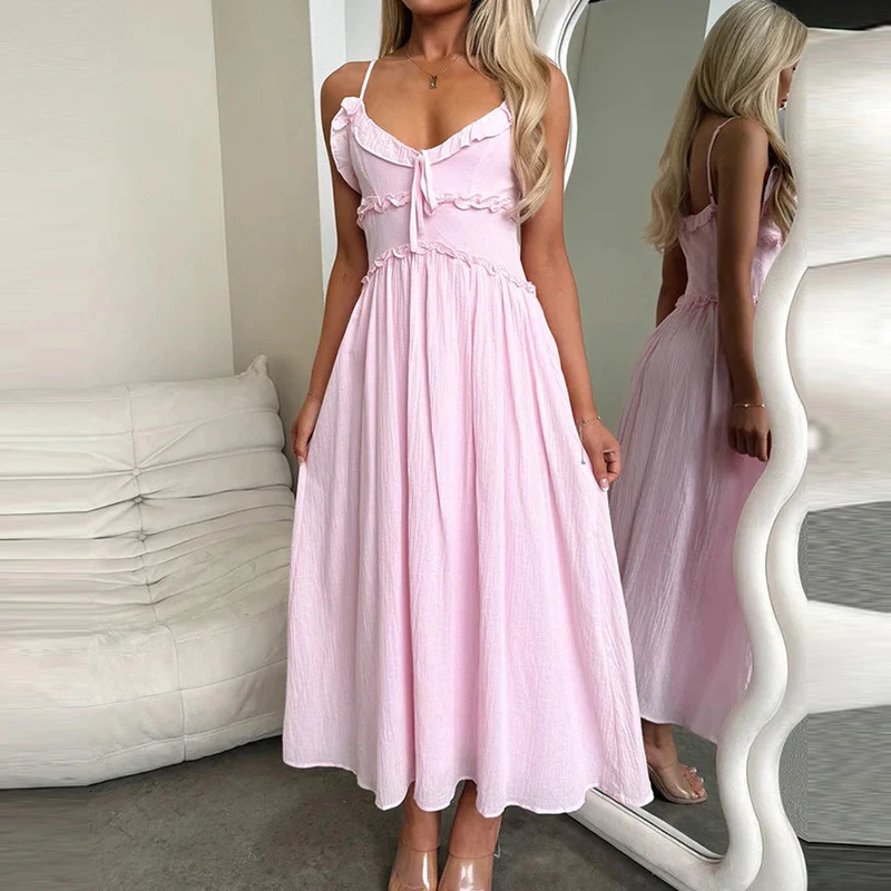 V Neck Ruffle Suspender Long Dresses Sexy Hollow Out Sleeveless Pleated Beach Dress Simple Solid Color Womens Holiday Dress 250113