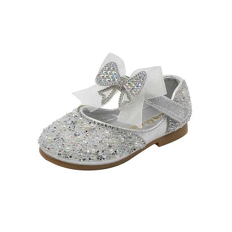 New Childrens Sequined Leather Shoes Girls Princess Rhinestone Bowknot Single Shoes 2024 Fashion Baby Kids Wedding Shoes X250129