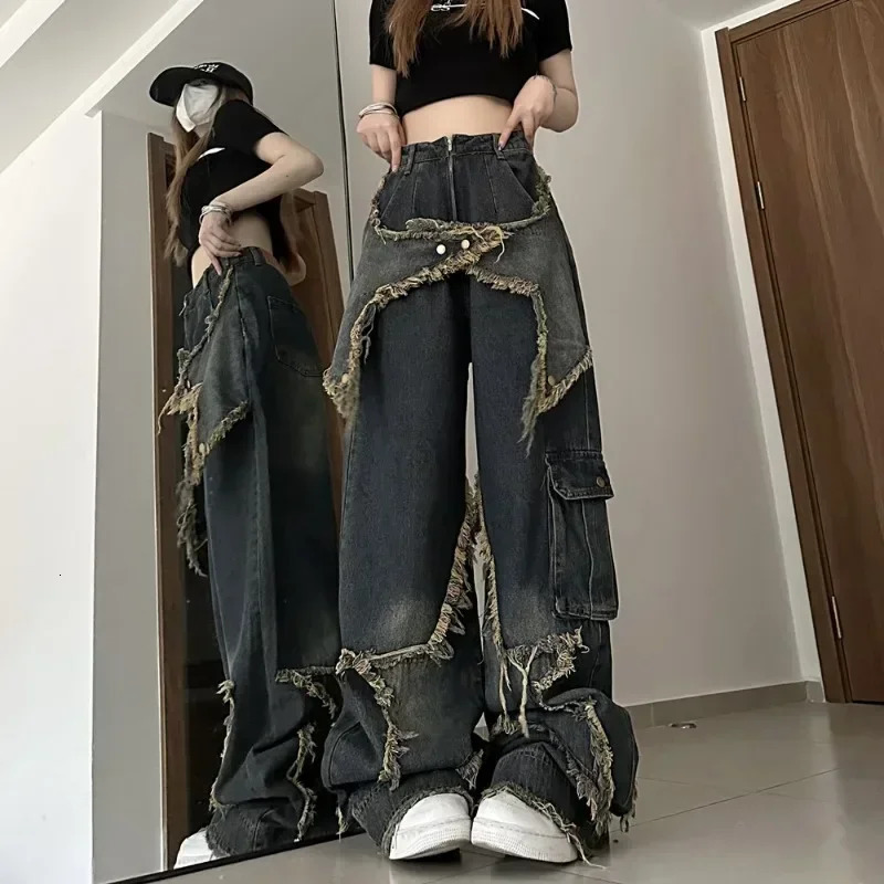 women star stitching tassel pants American retro high street jeans loose wide leg trendy punk y2k 250115
