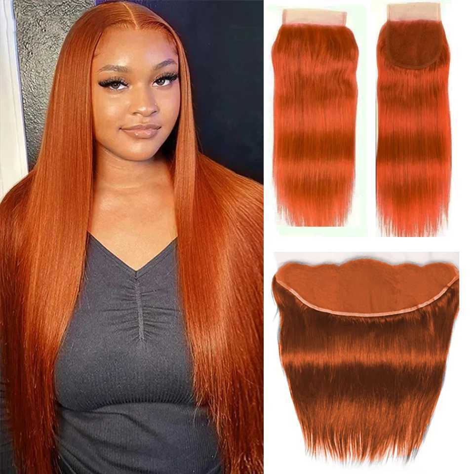Cheap 8-30 #350 Ginger Straight Human Hair Bundles With Clo Frontal Brazilian Virgin Human Hair Weave Bundles And CloXJ250120