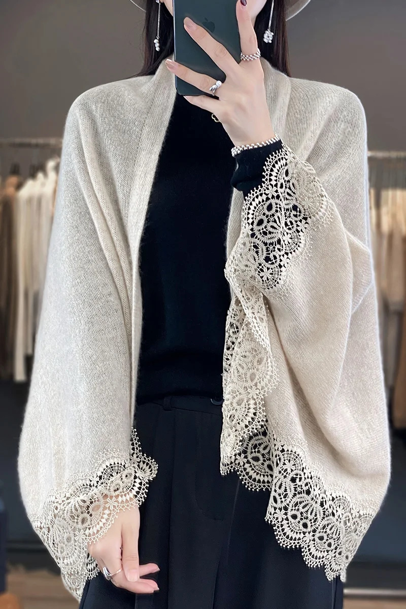 Lace Edge 100% Wool Knitted Shawl Spring Autumn Thin Womens Soft Skin friendly Breathable and Fashionable Cardigan 250120