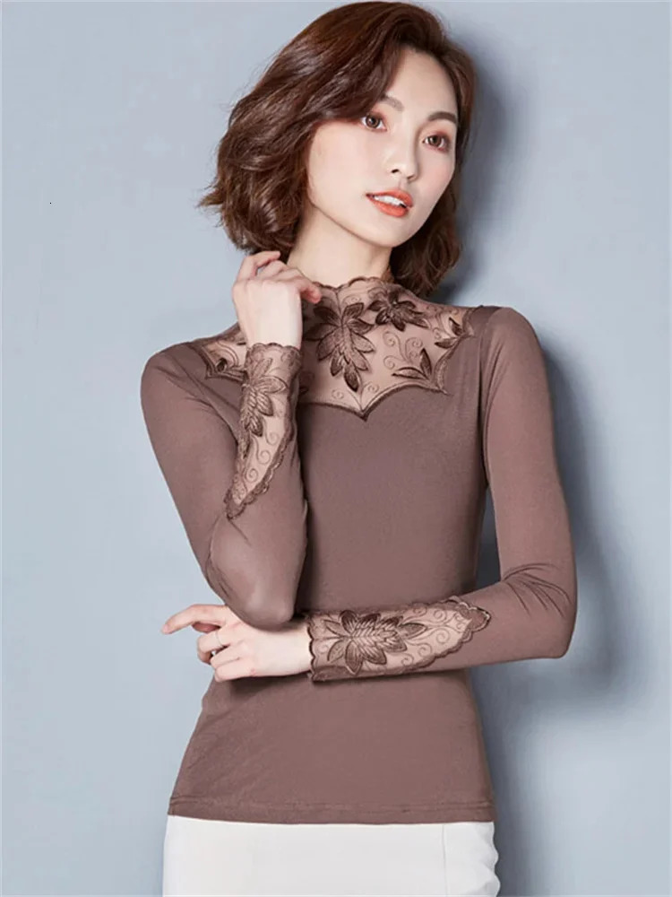 Hollow Out Women Spring Autumn Style Lace Blouses Shirts Casual Long Sleeve Patchwork Spliced Turtleneck Blusas Tops 250121