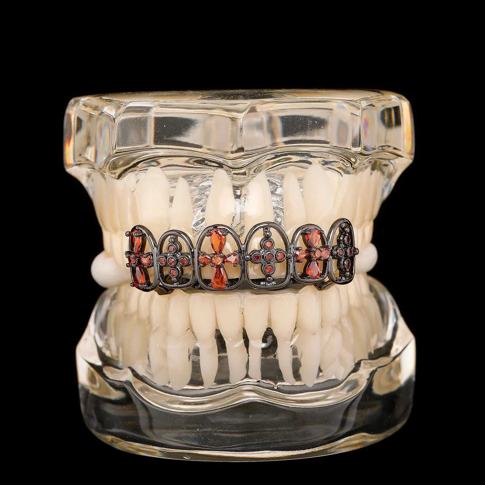 RACHELZ Dark Gothic Cross Hollow Teeth Grillz Braces Black Red Crystal Tooth Caps Zircon Dental Grills For Women Men JewelryXJ250114