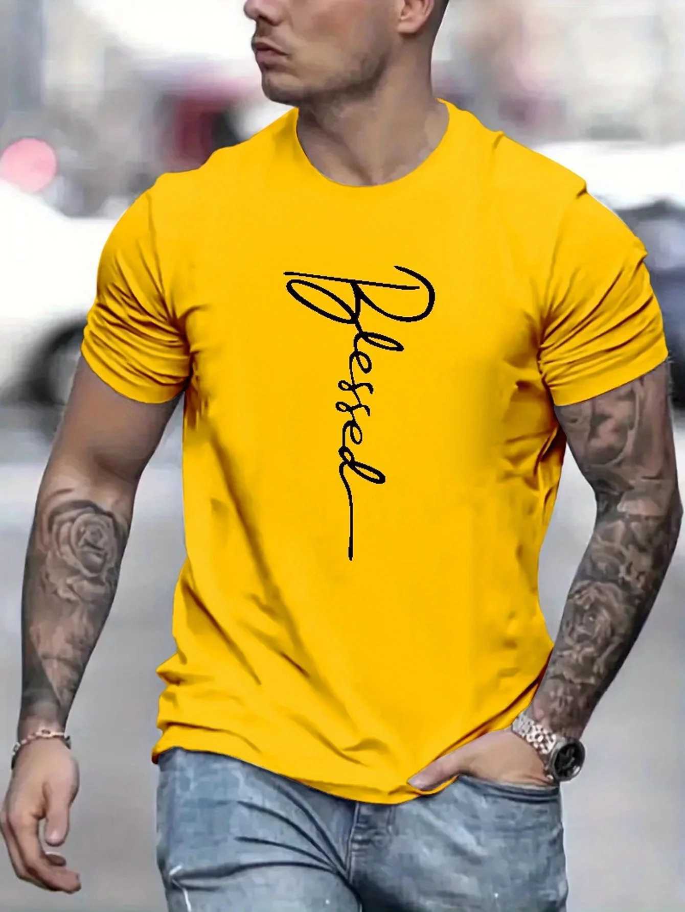 Mens 100% cotton summer loose fit oversized Blessed printed slim fit casual sports round neck short sleeved T-shirt topXJ250117