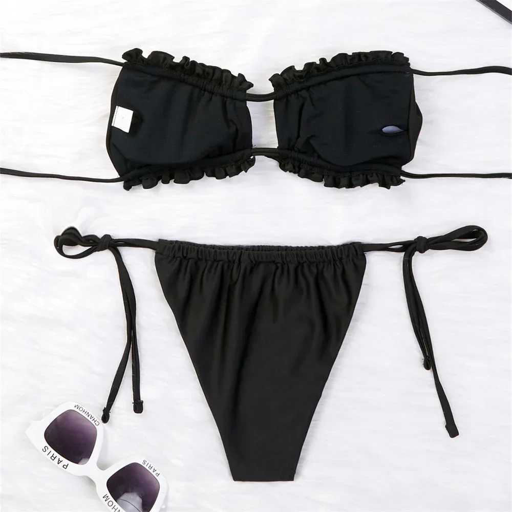 Black String Bikini Push Up Bandeau Swimsuit Ruched Pleated Vacation Swimwear Backless Beach Outfit Women Bathing Suit Sexys SetXJ250120