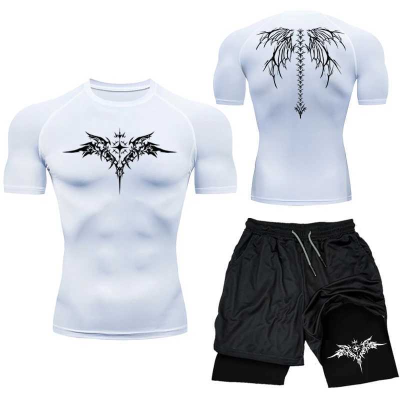 Compression Set Y2K Print Sportwear for Men Quick Dry GYM Shorts+Shirt 2PCS Quick Dry Rashguard Training Sport Suit 2024 New X250129