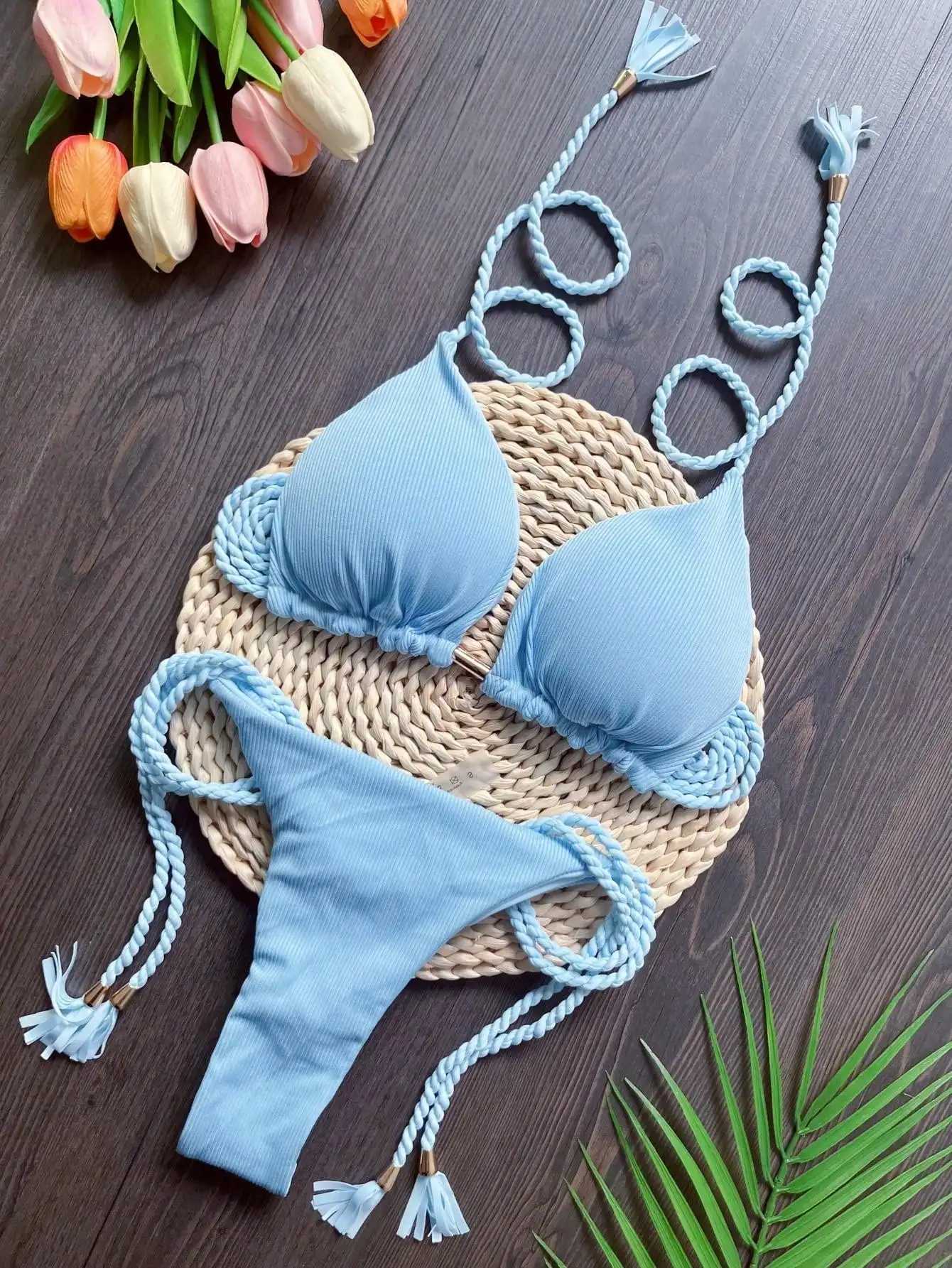 RUOTONSEPT 2024 Sexy Women Swimsuit Braiding rope Bikini Set Two-piece Triangle Solid Swimwear Bathing Suit Brazilian BiquinisXJ250120