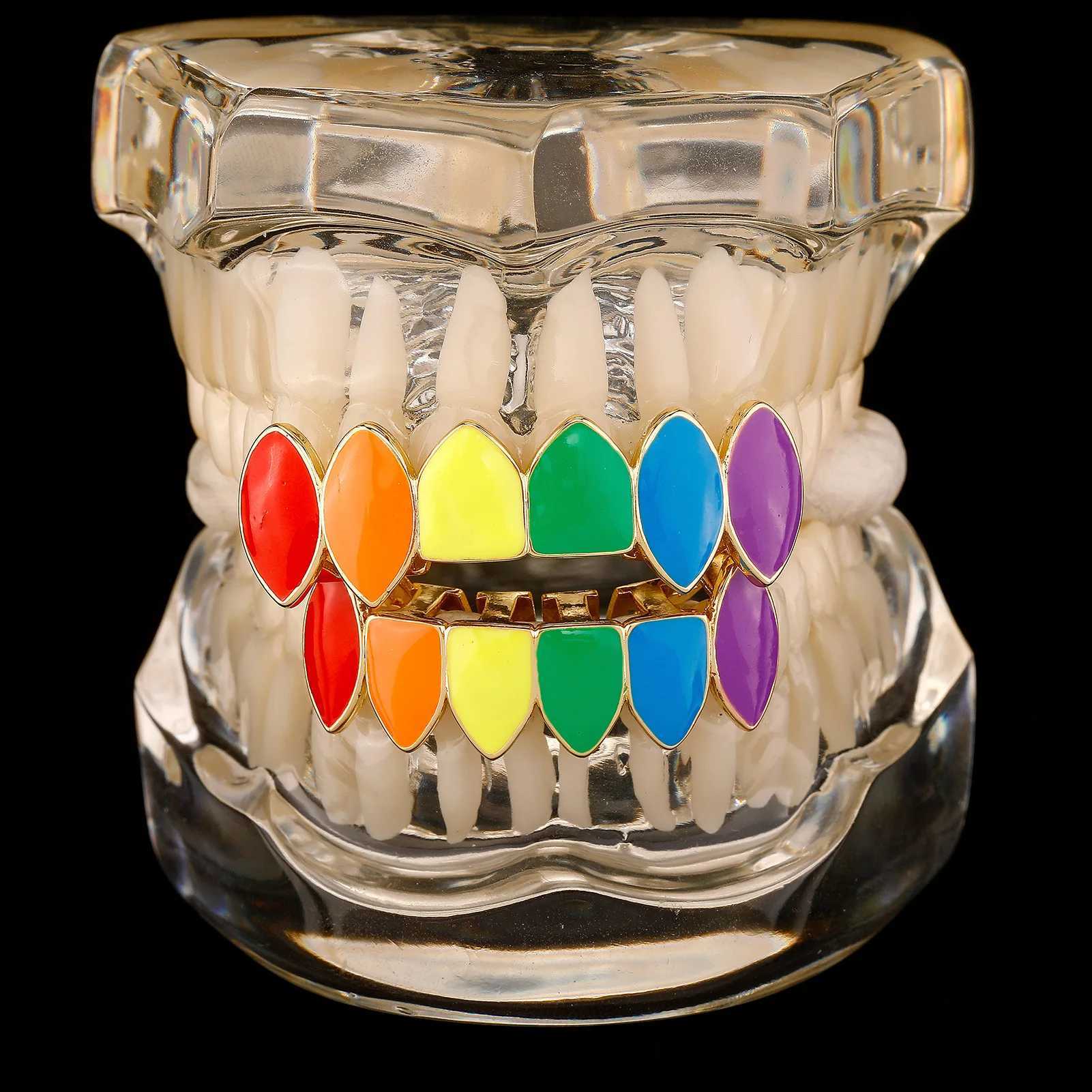 RACHELZ Hip Hop 6/6 Glossy Colorful Teeth Grillz Fangs Fashion Rainbow Tooth Caps For Women Men Jewelry Halloween CosplayXJ250114