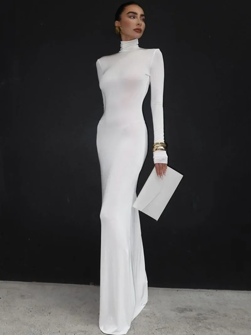 Woman Clothing Turtleneck Long Maxi Dress Streetwear 2024 Autumn Female Long Sleeve Bodycon Solid White Evening Party Dresses 250122