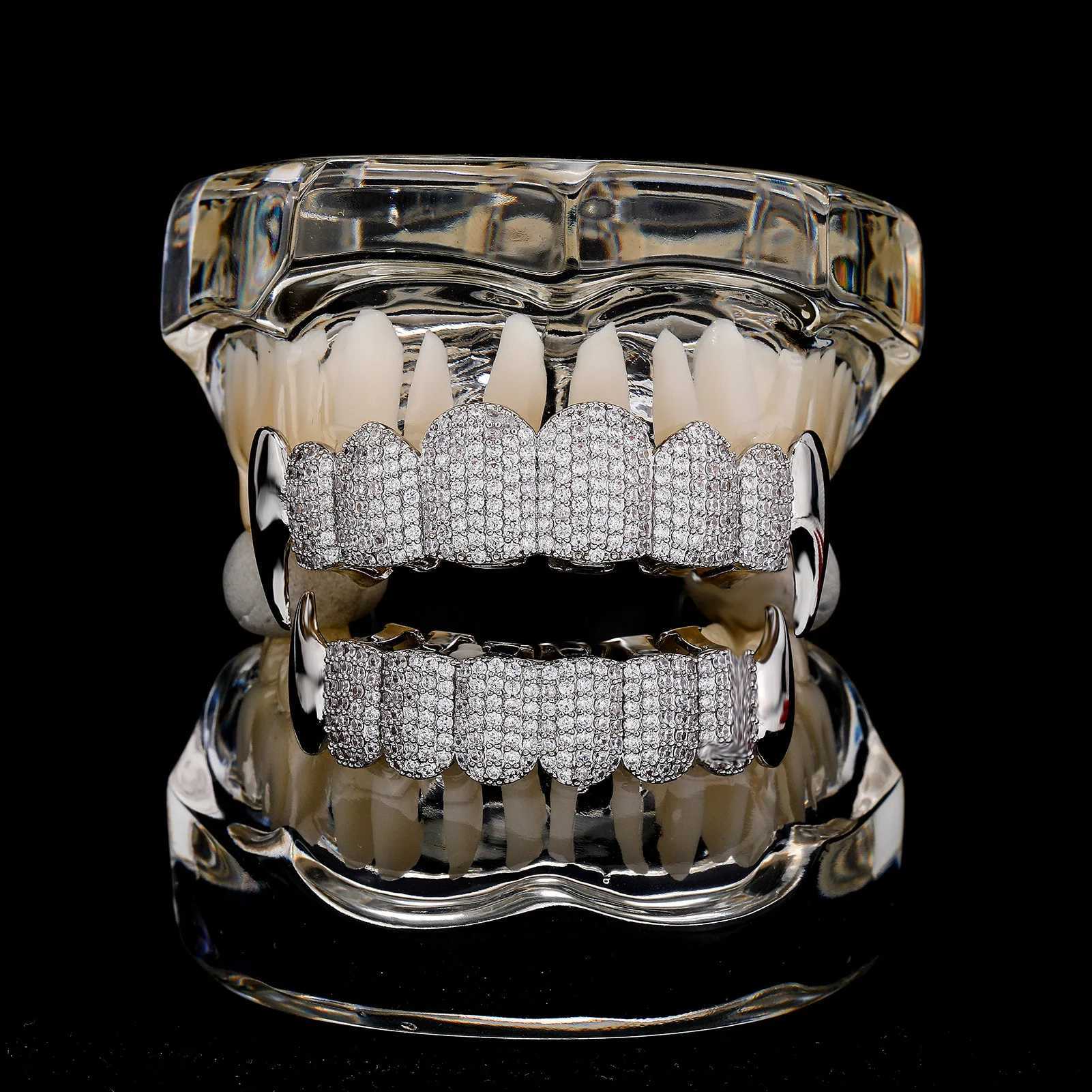 RACHELZ 2024 New Iced Out CZ Stone 8/8 Vampire Fangs Teeth Grillz Hip Hop Zircon Tooth Caps Dental Grill For Women Men JewelryXJ250114