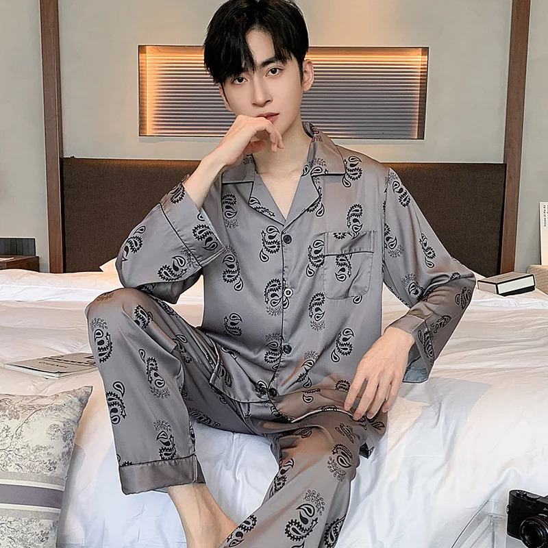 High Quality Satin Pajamas Suit Men Spring Autumn Ice Silk Long Sleeve Sleepwear Set Summer Comfy Classic Nightcloth Male 250122