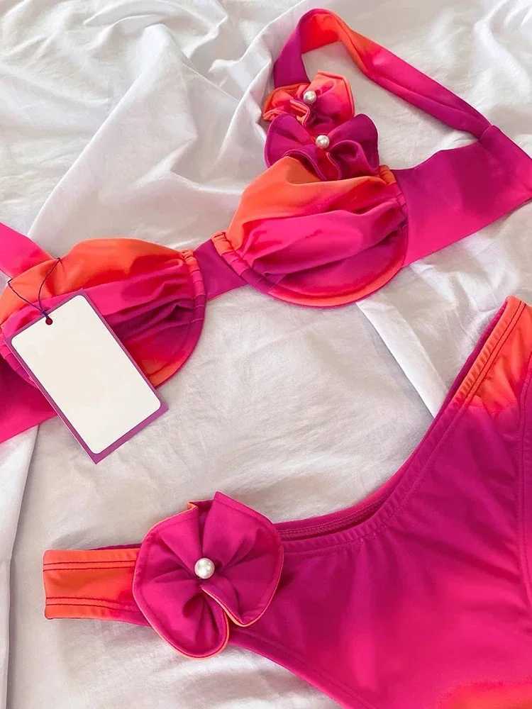 OIINAA Bathing Suit Women Sexy 3D Floral Bikini Suit Pearl Swimwear Two-piece Tie Dye Swimsuit 2024 Thong Split Beachwear SummerXJ250120