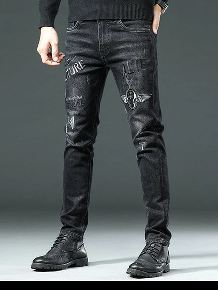 High End Stylish Classic Distinctive Printed Black Stretch Denim Jeans for Men High Quality Slim Fit Stretch Denim Pants 250118