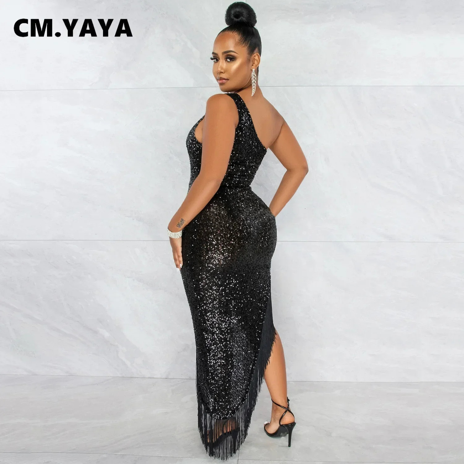 CM.YAYA Women Tassel Side Sequins One Shoulder Skew Neck Bodycon Midi Maix Irregular High Low Long Dress Sexy Night Party 250109
