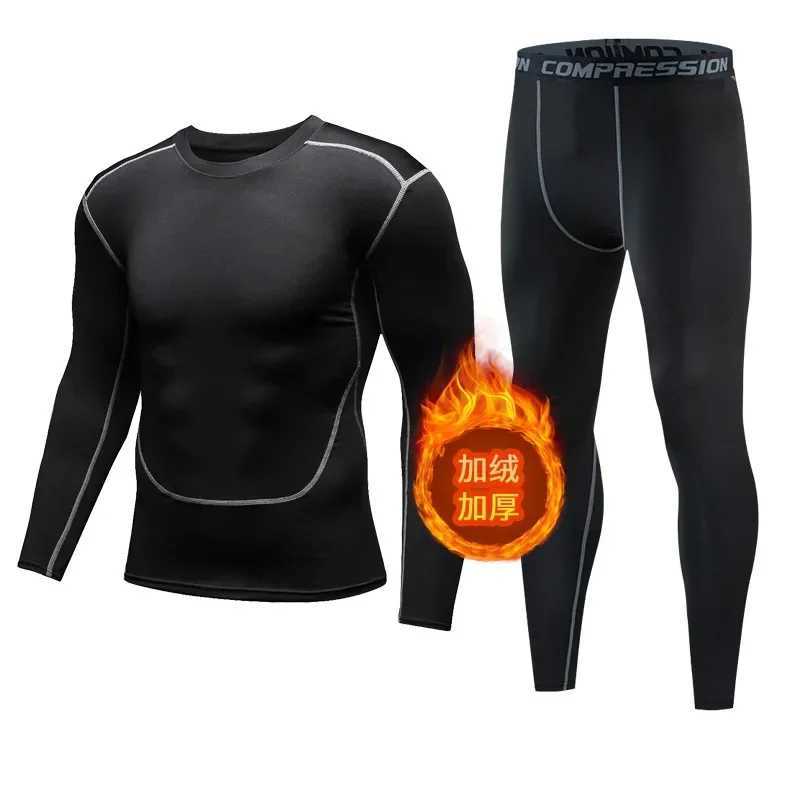 Autumn Winter Mens Running Sets Warm Fleece Tight Sports Shirt Tops + Legging Pants Sets Male Training Fitness Gym Sportswear X250129