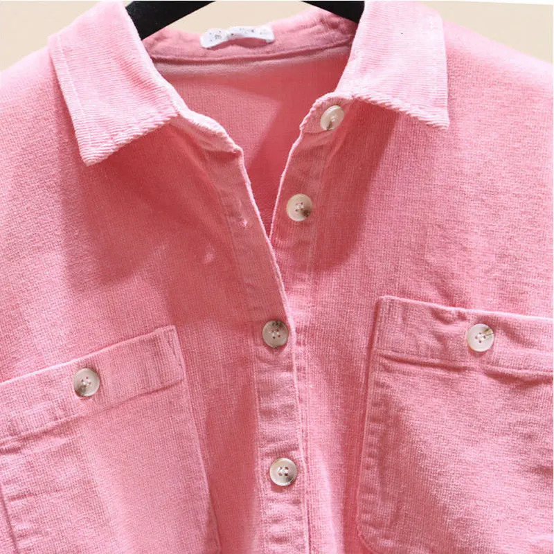 Pink Corduroy Cotton PoloNeck Single Breasted Long Sleeve Womens Blouse Shirt Casual Female Clothing Tops Fashion 2024 Autumn 250121