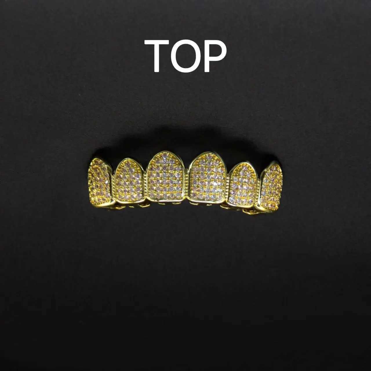 1set Hip Hop Full Iced Out Teeth Grillz Gold Plated Dental Grills Tooth Grillz Caps Crystal Teeth Caps Halloween Vampire ToothXJ250114
