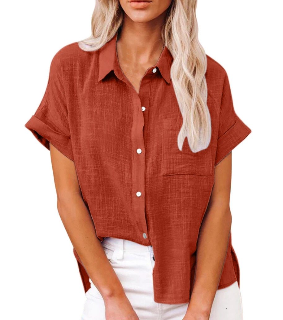 Women Pure Color Linen Shirt Short Sleeve Casual Loose Fit Blouse Fresh Sweet Style Polyester Fabric Available In Multiple Sizes 250121