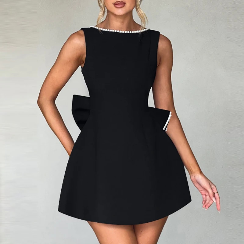 Sexy Hollow Out Backless Bow Party Dress Fashion O Neck Waist Solid Short Dress Pearl Patchwork Slim Women A-line Dress Vestidos 250113