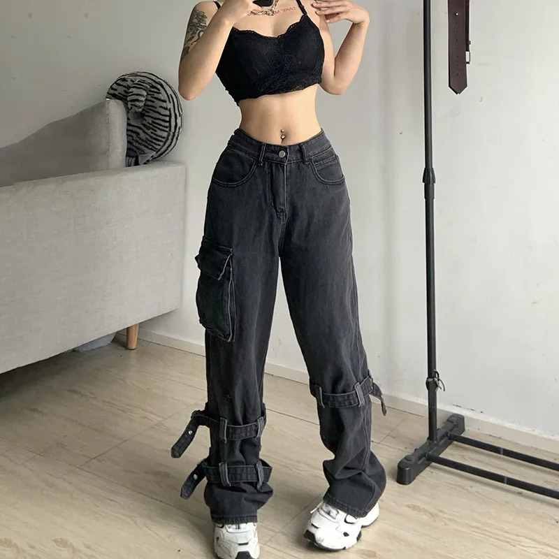 American Retro Smoke Grey Overalls Jeans Womens Y2K Street Hip Hop Trend Versatile Wide Leg Pants Casual High Waist Sexy Jeans 250109
