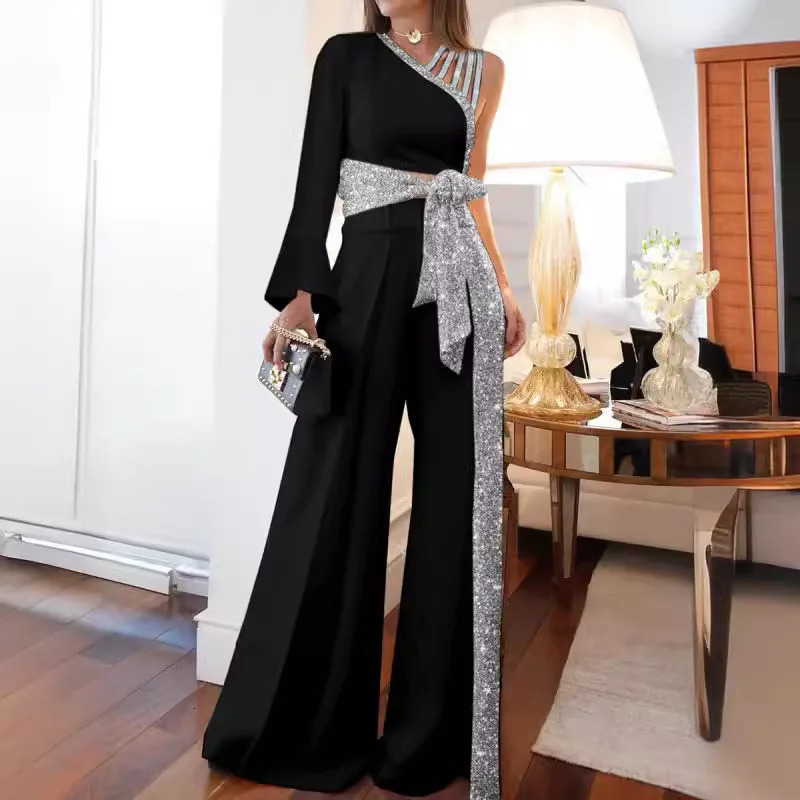 Arrival 2024 SpringSummer Womens Wear One Shoulder Bell Sleeve Casual High Waist Wide Leg Pants Set 250122