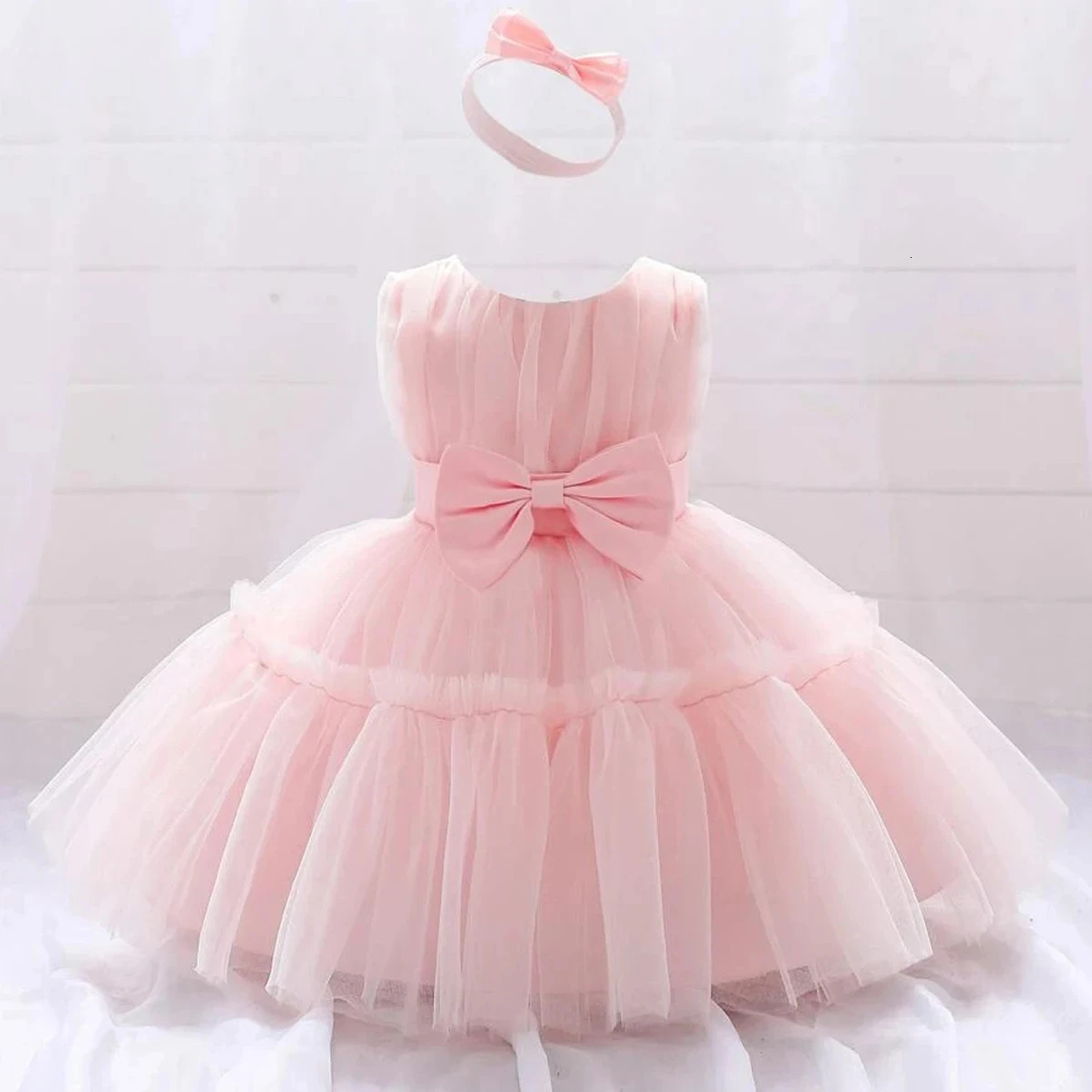 Fluffy Baby Bow Baptism Party Dresses For Girl Toddler Lace 1st Birthday Wedding Princess Evening Dress Pink Bridemaid Prom Gown 250120