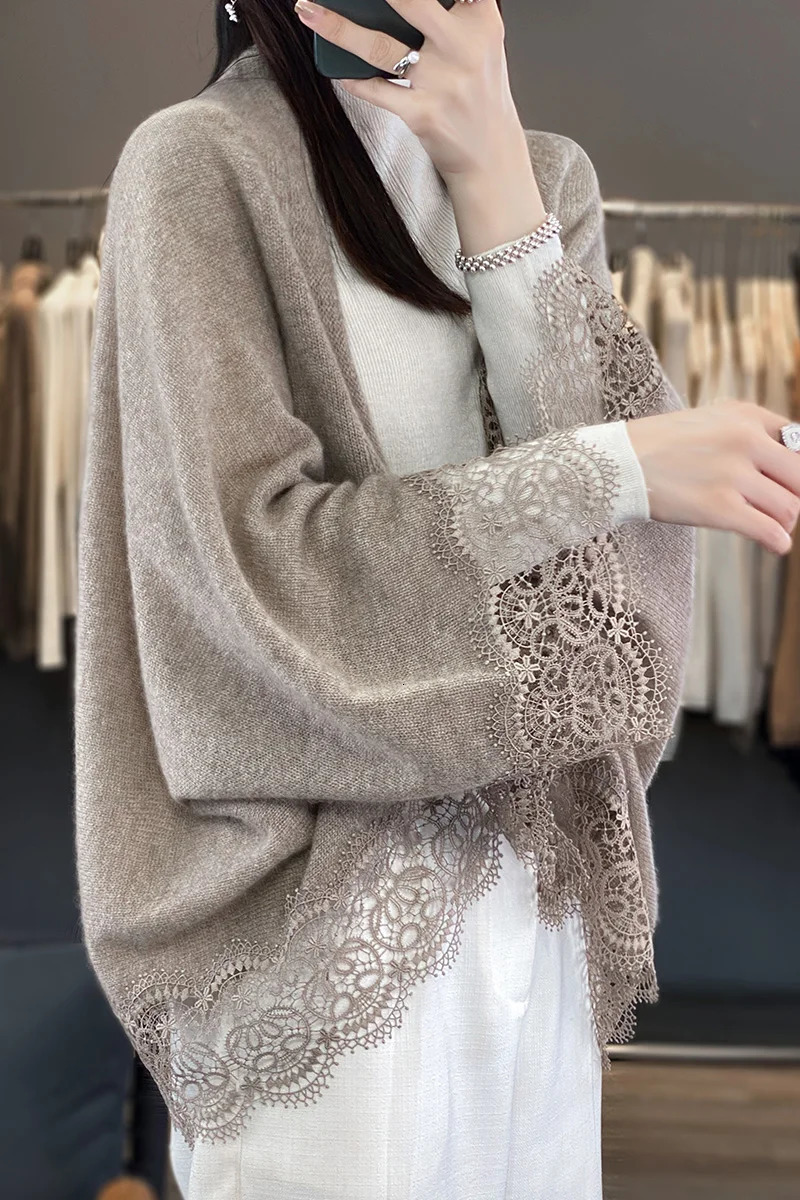 Lace Edge 100% Wool Knitted Shawl Spring Autumn Thin Womens Soft Skin friendly Breathable and Fashionable Cardigan 250120