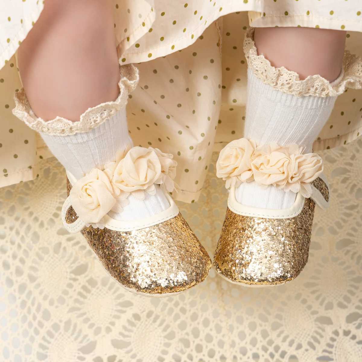 Kidsun Gold glitter baby walking shoes rose girl princess shoes newborn soft sole anti slip baby crib shoes Mary Jane X250129
