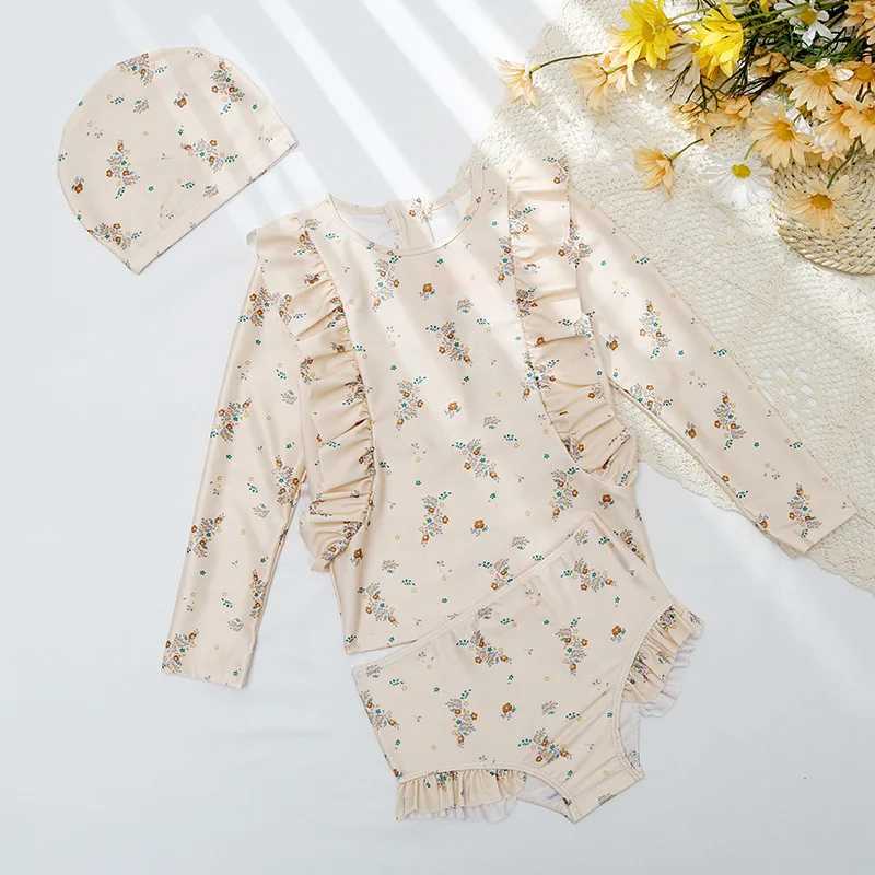 Baby Girls Two-Piece Swimsuit Long Sve Quick-dry Kids Swimwear Holiday Outwear Toddler Girl Floral Swim Bikini Cap 70cm-125cmXJ250120