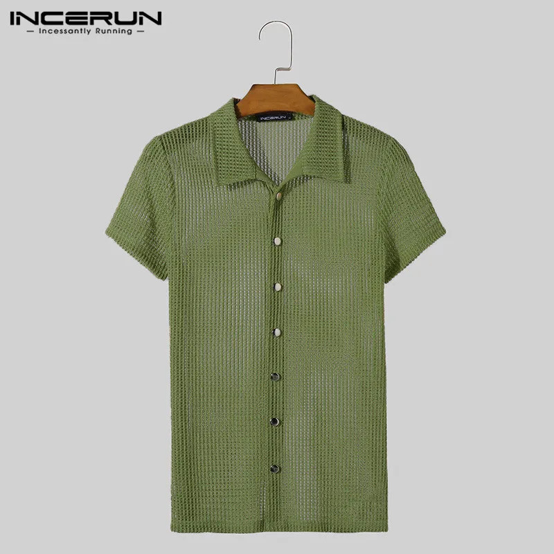 INCERUN Men Shirts Lapel Short Sleeve Mesh Transparent Hollow Out Men Clothing Streetwear Solid Color Fashion Shirts S-5XL 250118
