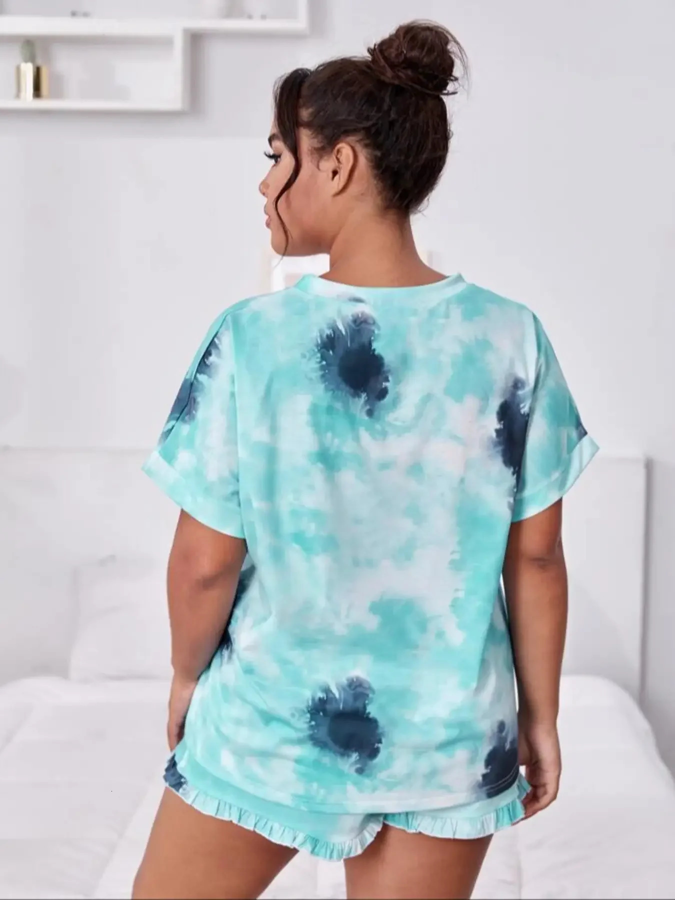2 Pcs Plus Size Tie Dye Pajama Set with Lettuce Trim Shorts and Short Sleeve Tee Comfortable Home Wear for Casual Days 250122
