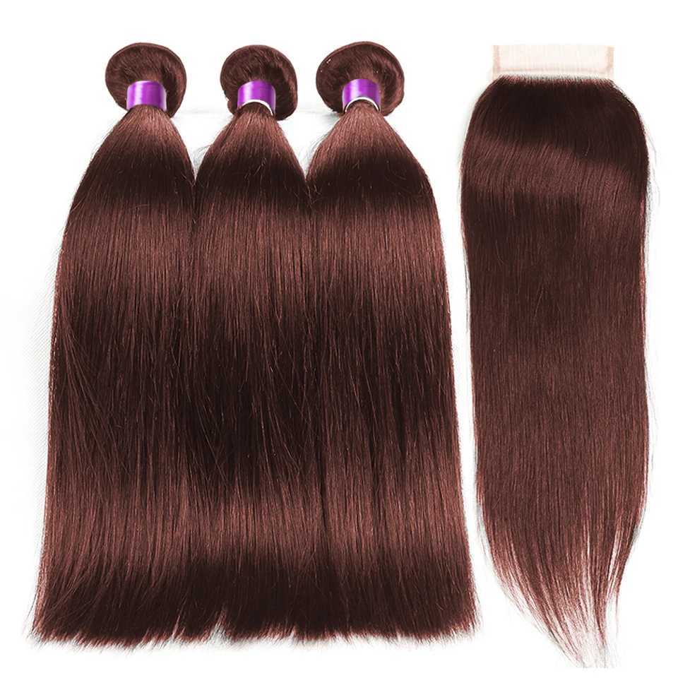#33 Brown Reddish Straight Hair Bundles With Frontal Brazilian Human Hair Weave Bundles With HD Clo Ombre Colored 3/4 BundleXJ250120