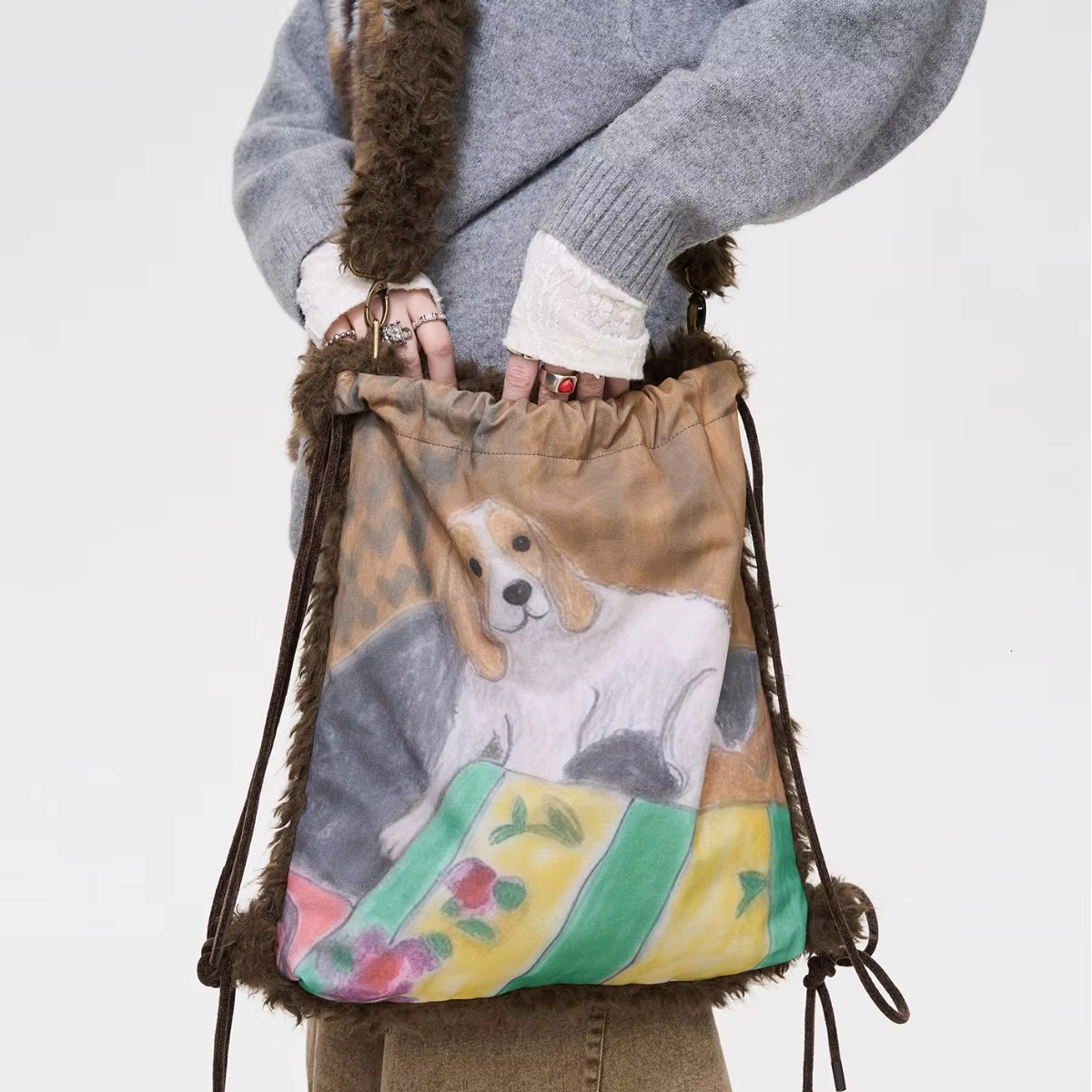 Fashion Double Sided Tote Cute Dog Shoulder Bag Warm Soft Plush Crossbody for Women Drawstring Backpack Shopper Bags