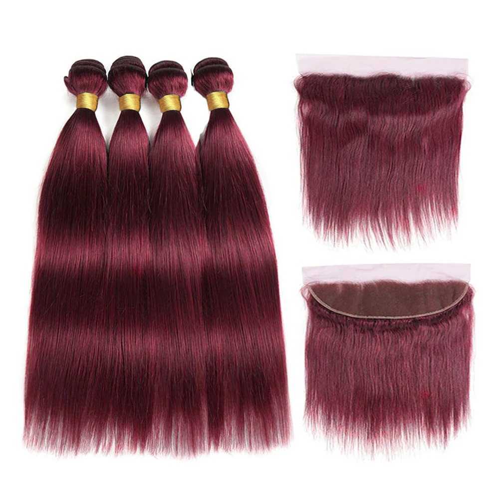 99J Red Straight Human Hair 3 Bundles With 13x4 Frontal HD Lace Front Hair Extensions For Women 30Inch Burgundy Weavings BundlesXJ250120