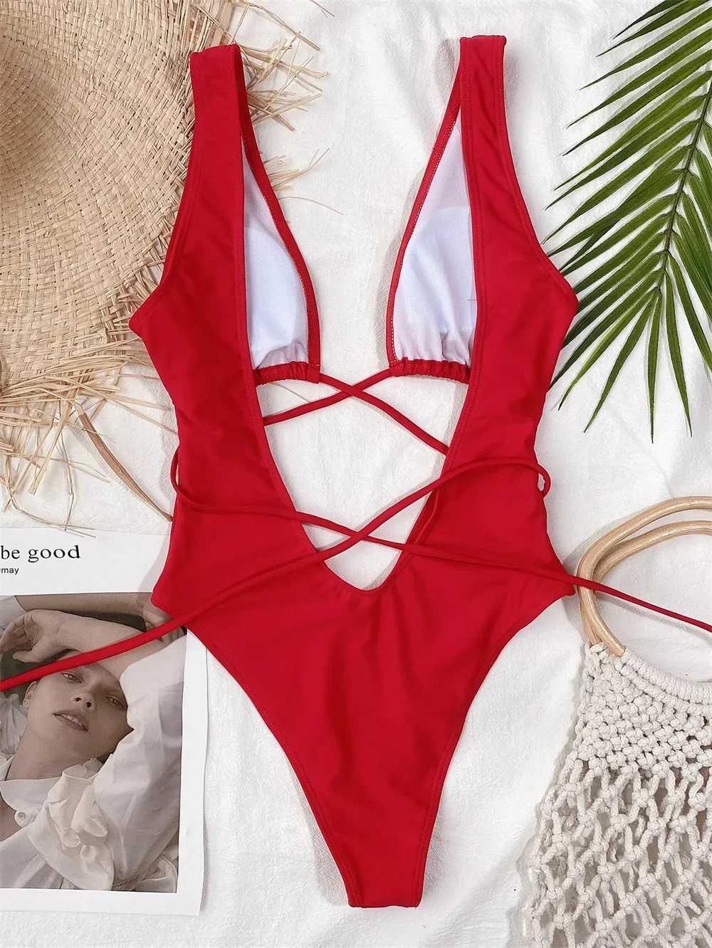 Sexy Red Swimsuit Micro String Bikini Hollow Out Backless Monokini Women One-Piece Vacation Swimwears Bikinis Beach Bathing SuitXJ250120