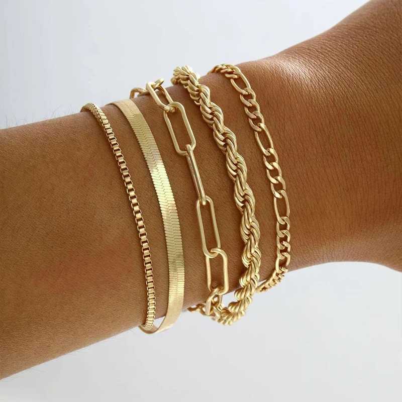 New Fashion 6-piece Gold Bracelet Set for Vintage Punk Shiny Zircon Cuba Link Bracelet Simple Jewelry Gift X250129