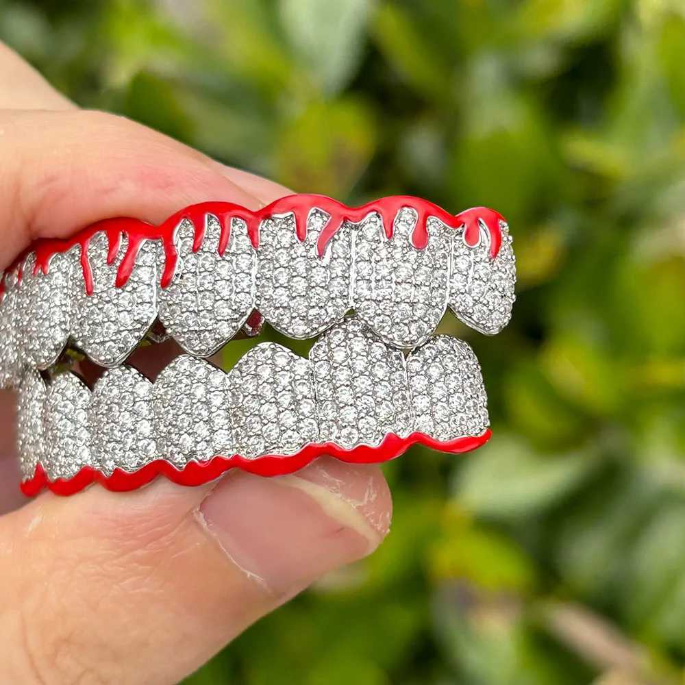 RACHELZ Fashion 8/8 Red Flame Shiny Zircon Teeth Grillz Hip Hop Full CZ Stone Tooth Caps For Women Men Body Jewelry GiftXJ250114