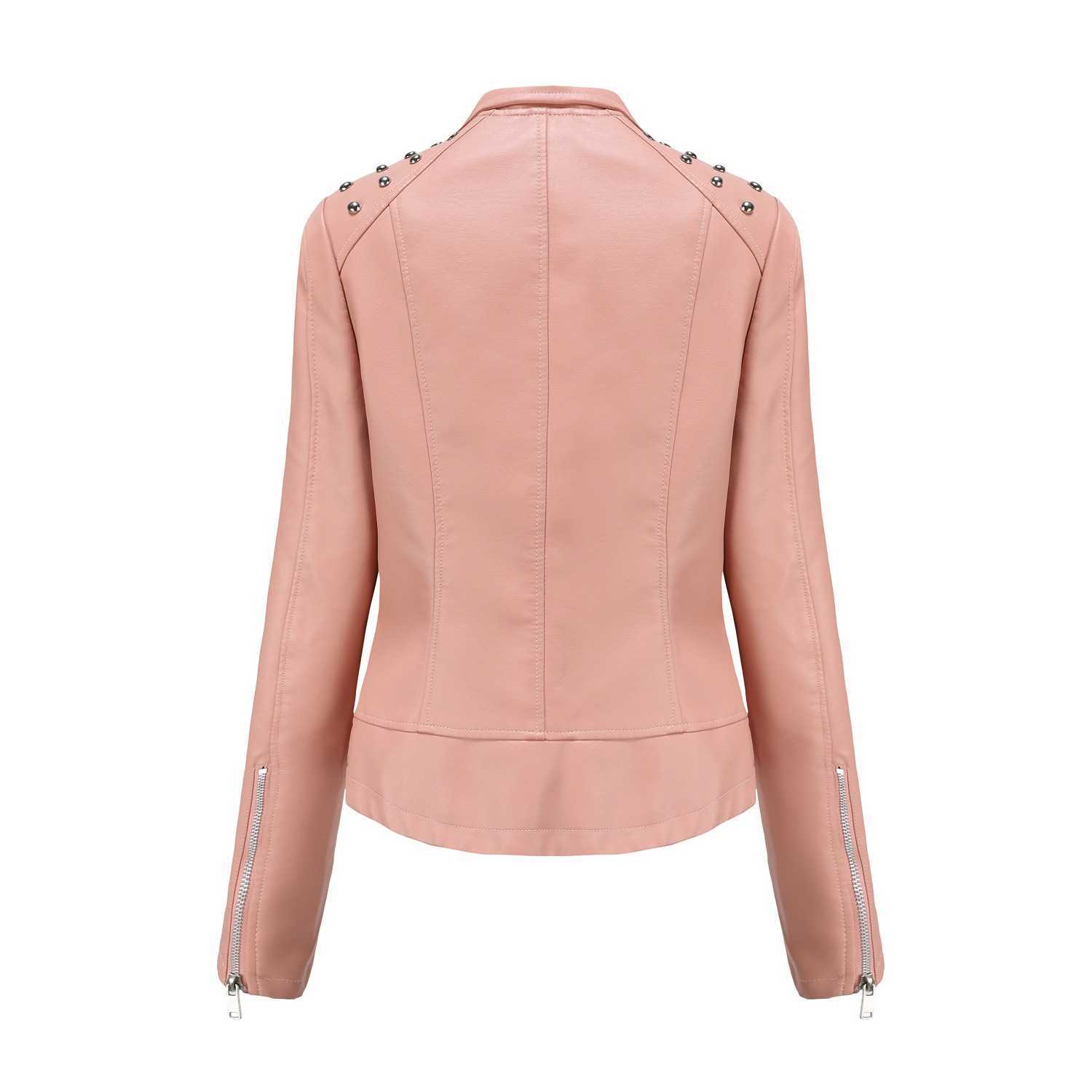 European Womens Beaded Leather Jacket Womens Long-sleeved Fashion Jacket Lapel Motorcycle Jacket Thin Spring Autumn Womens Jacket Womens Leather 24120