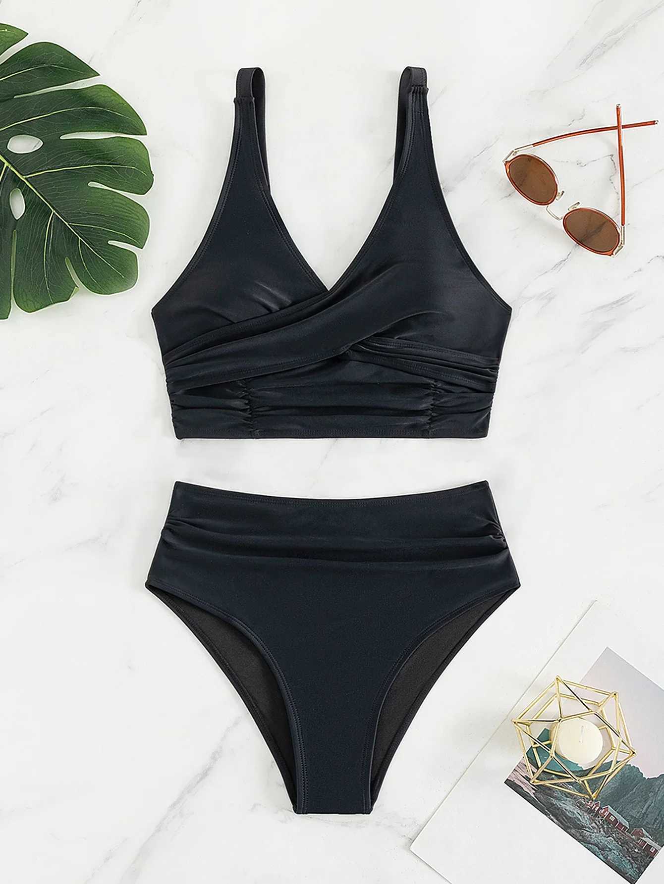 Summer Women V Neck Black Bikini Set High Waist Straps Swimwear for Women Backless 2 Piece Beach Swimsuit Bathing SuitXJ250120