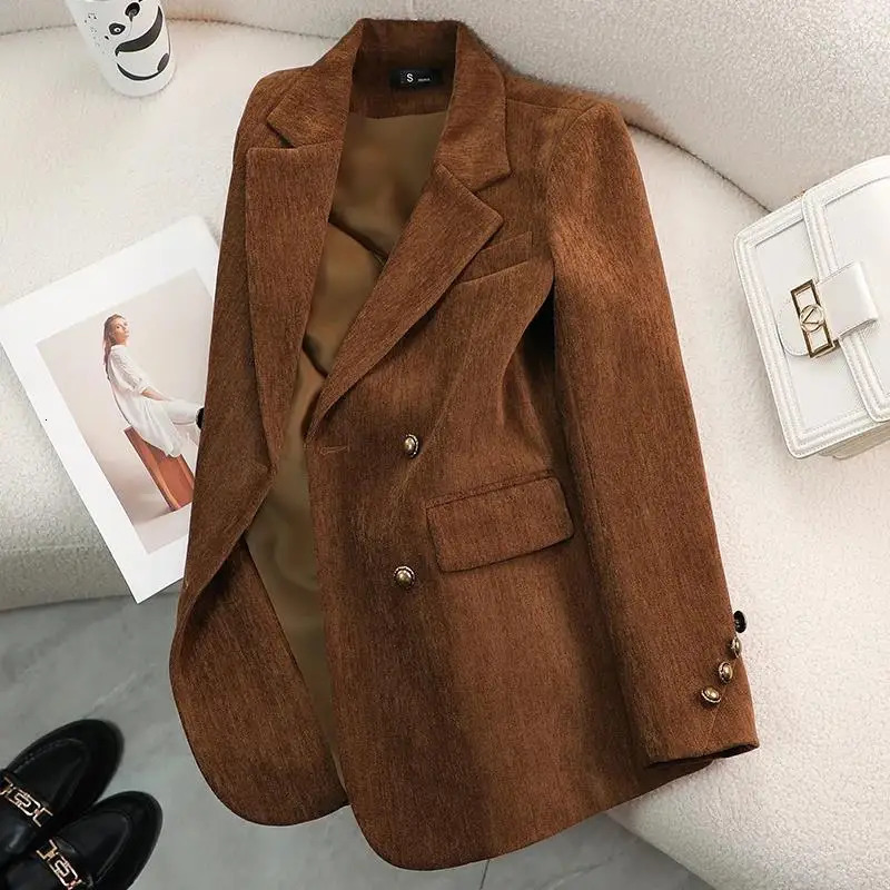Autumn Winter Thick Blazer Jackets Woman Clothing Turn Down Collar Vintage Coats Outerwears Elegant Ladies Jaqueta Feminina 250106