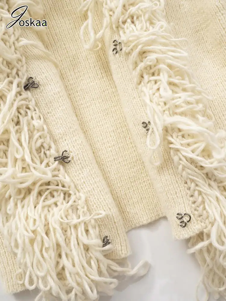 Joskaa Fashion Tassel Collar Knitted Cardigan Women Hipster V-Neck Full Sleeve Crop Sweater Coats Winter Outwear Y2K Streetwear 250122