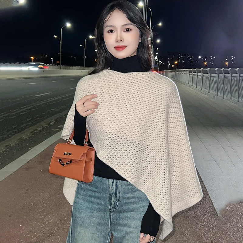 Wool Knitted Korean Edition Internet Celebrity Shawl Autumn/Winter Warm Solid Color Hollow Scarf Fashion Cloak High end Coat 250120